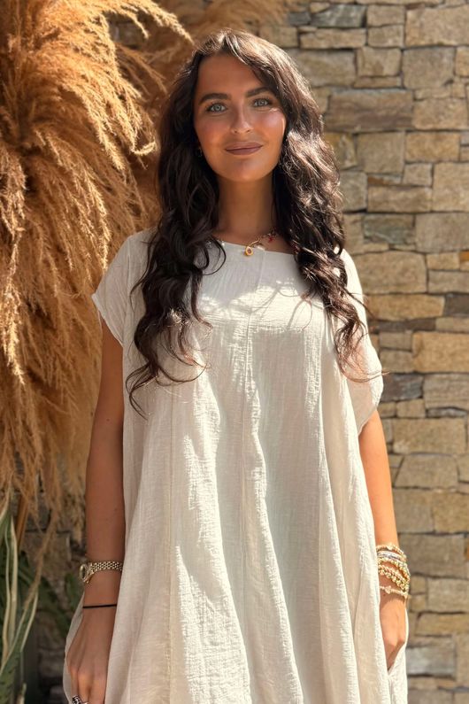 Made in Italy Sa Caleta Cotton Cap Sleeve Pocket Midaxi Dress Stone